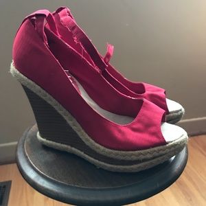 Red Fabric Platform Heel Peep Toes with Ankle Strap - size 9